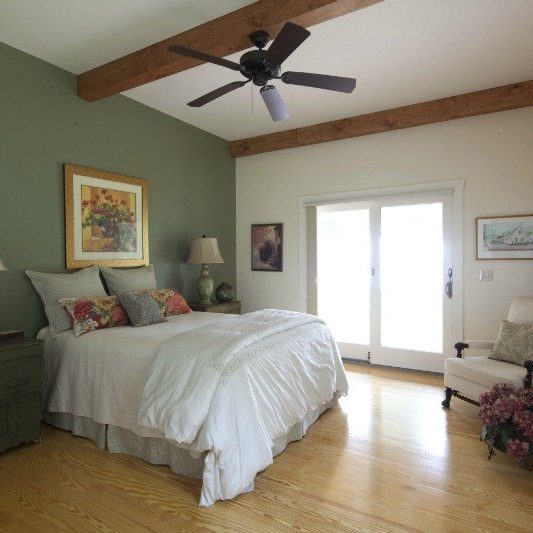 post and beam farmhouse cottage bedroom