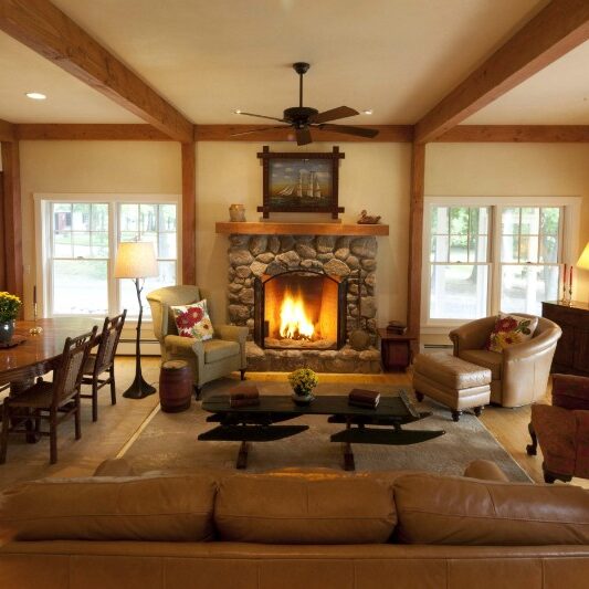 cozy cottage post and beam living room