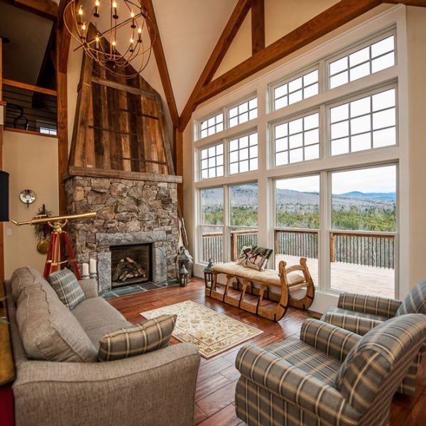 Prefab post and beam timber frame barn home great room