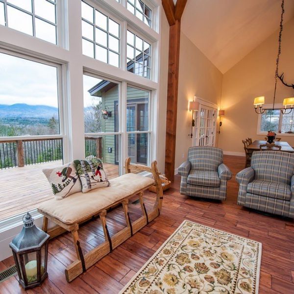 Timber frame barn home great room with a view