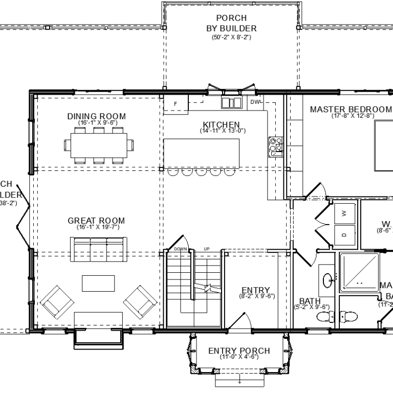 Blue Ridge custom home floor plan by Yankee Barn Homes featuring an open-concept kitchen, great room, dining area, first-floor primary suite, walk-in closet, and wraparound porches