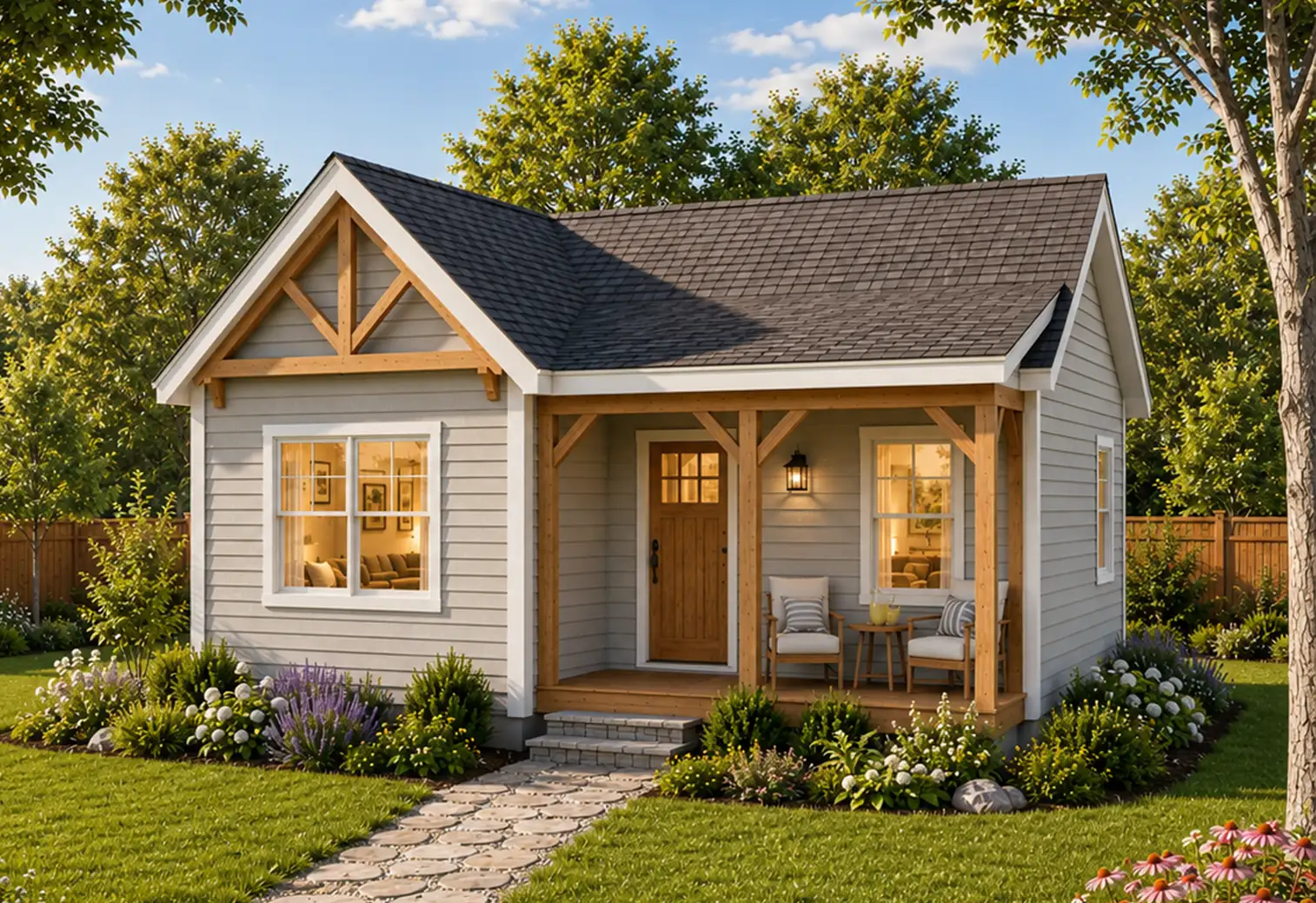 The Haven — exterior rendering with covered porch and gable truss